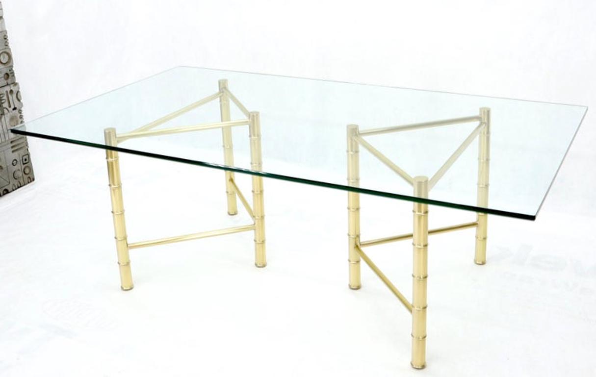 Double Pedestal Faux Brass Bamboo Glass Top Dining Conference Table