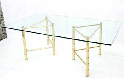 Double Pedestal Faux Brass Bamboo Glass Top Dining Conference Table