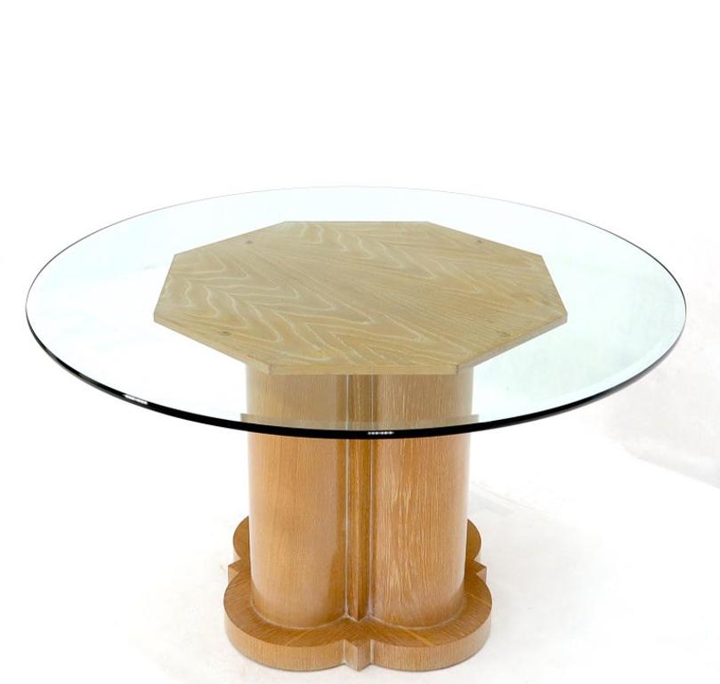 Cerused Oak Triple Cylinder Base Round Glass Top Dining Conference Table
