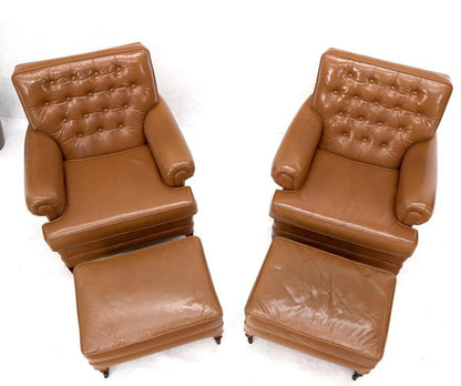 Pair of Chesterfield Style Leather Chairs W/ Ottomans Brown to Tan