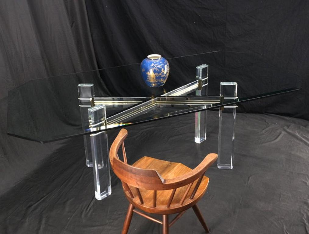 Chrome Brass & Lucite X Shape Base Beveled Glass Top Rectangle Dining Table Mint