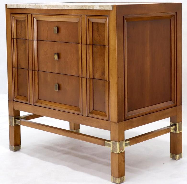 Travertine Top Three Drawers Bachelors Chest with Brass Pulls and Accents