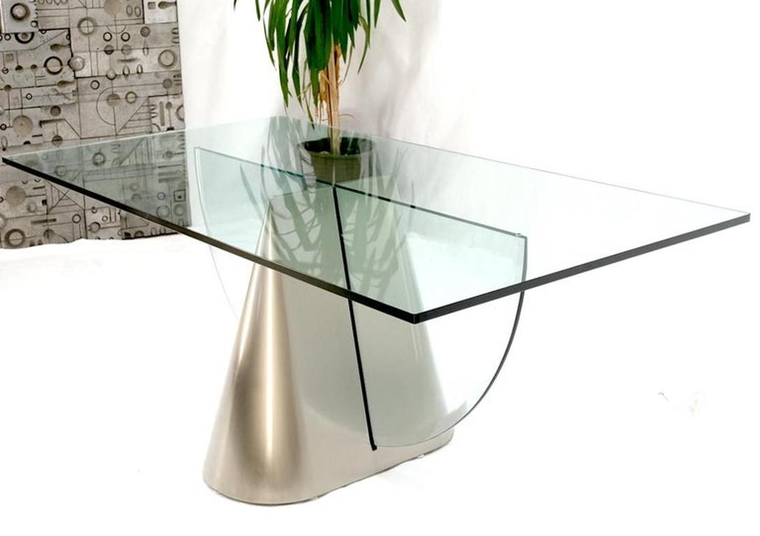 Single Pedestal Cantilever Style Large Glass Top Rectangular Dining Table