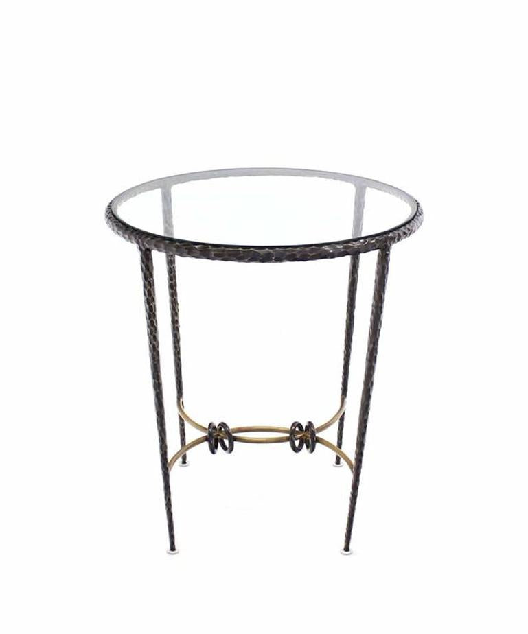 Round Hammered Heavy Solid Brass Tapered Legs Glass Top Center Lamp Side Table