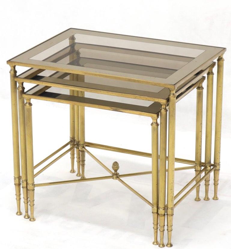 Set of 3 Brass Mirrored Border Glass Tops Nesting Stacking Tables