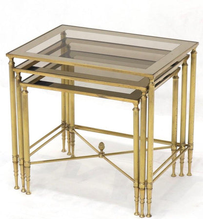 Set of 3 Brass Mirrored Border Glass Tops Nesting Stacking Tables