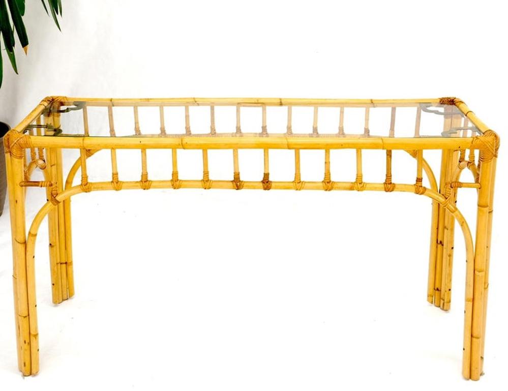 Bamboo Frame Glass Top Console Table w/ Figurative Brass Supports