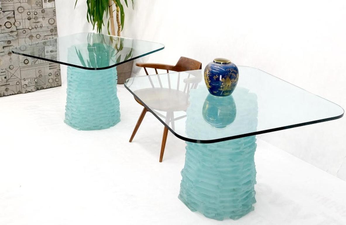 Pair of Fused Glass Blocks Pedestal Bases Rounded Square Tops Dining Game Table