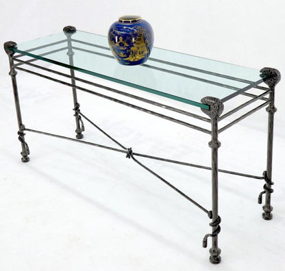 Hammered Forged Metal Wrought Iron Base 3/4" Glass Top Console Table Giacometti