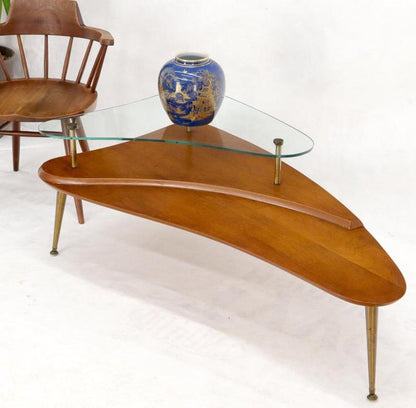 Organic Kidney Comma Shape Two-Tier Glass Top Brass Leg Walnut Coffee Side Table
