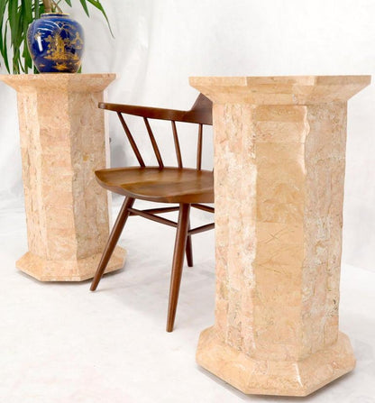 Pair of Polished Stone Tile Tessellated Octagon Shape Pedestals Stand Red White