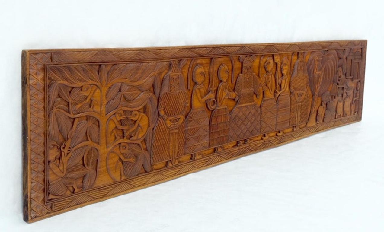 Carved Solid Teak Long Rectangle Wall Plaque Relief Sculpture Depicting Villager