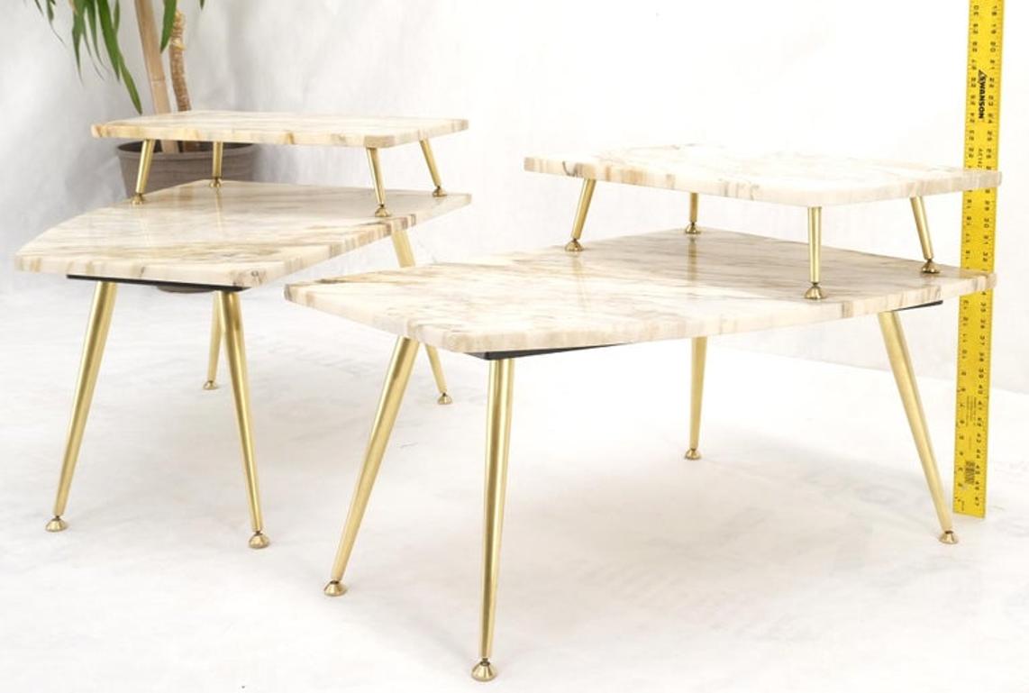 Pair of Asymmetrical Wedge Two Tier Marble Top Tapered Brass Legs Side End Table
