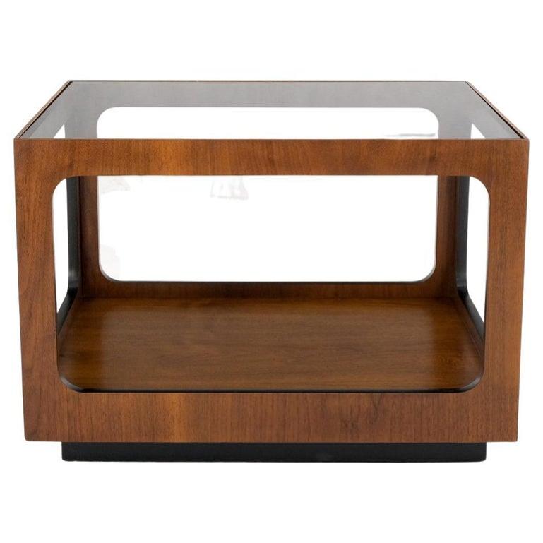 Cube Shape Rectangular Smoked Glass Oiled Walnut Side End Table