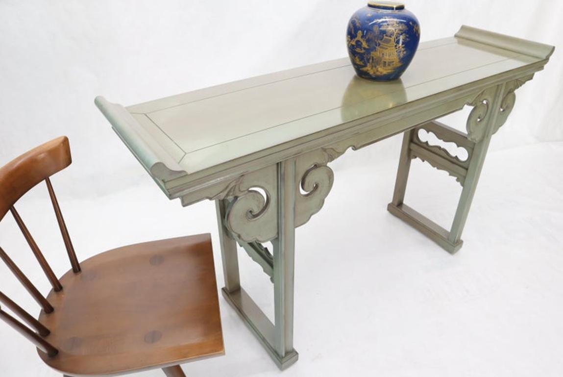 Olive Faux Paint Enamel Finish Carved Base Console Table with Rolled Edges