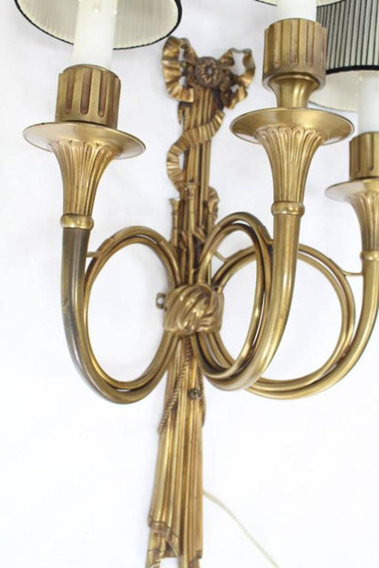 Large Heavy Bronze Triptych Sconce Ribbon Tassel Horn Shape Three Lights