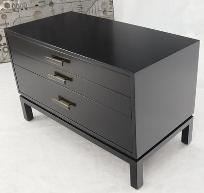 Black Lacquer Three Drawers Brass Pulls Bachelor Chest Nightstand Harvey Probber