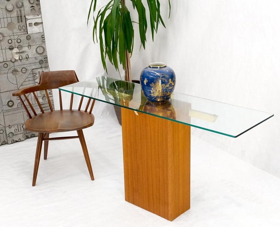 Danish Mid-Century Modern Teak Brass Glass Top Pedestal Base Console Sofa Table