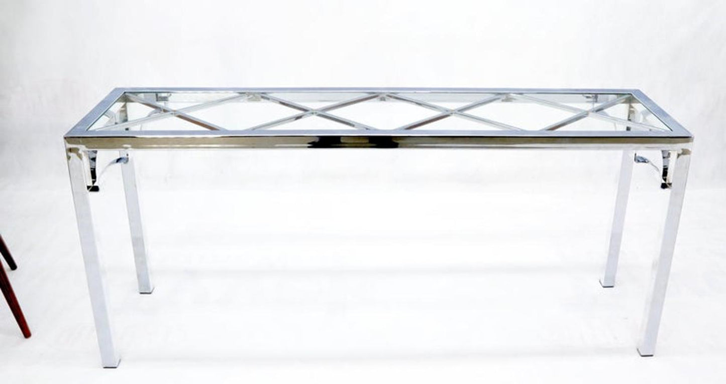 Chrome Rectangular Lattice Diamond Pattern Glass Top Console Sofa Table