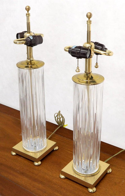 Pair of Fine Cut Glass Crystal Cylinder Shape Table Lamps on Brass Bases