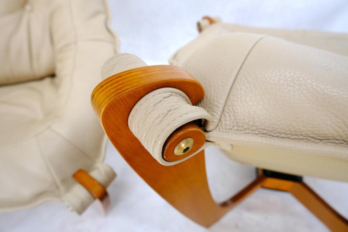 Pair of Mid Century Danish Modern Teak Frames Leather Sling Seat Lounge Chairs
