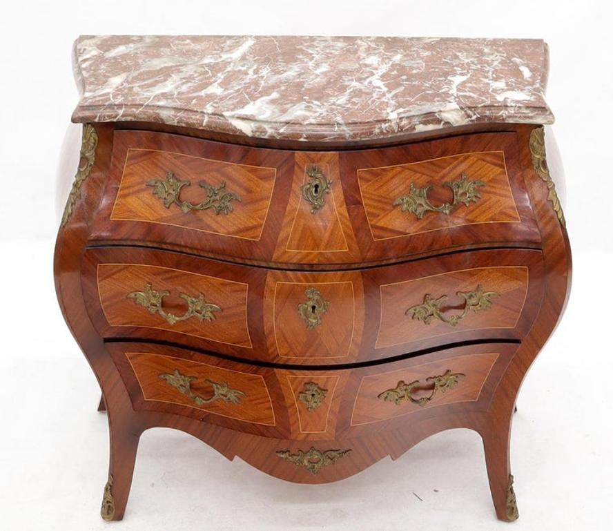Bombe French Marble-Top Bronze Ormolu Louis XV Style 3 Drawers Dresser Commode