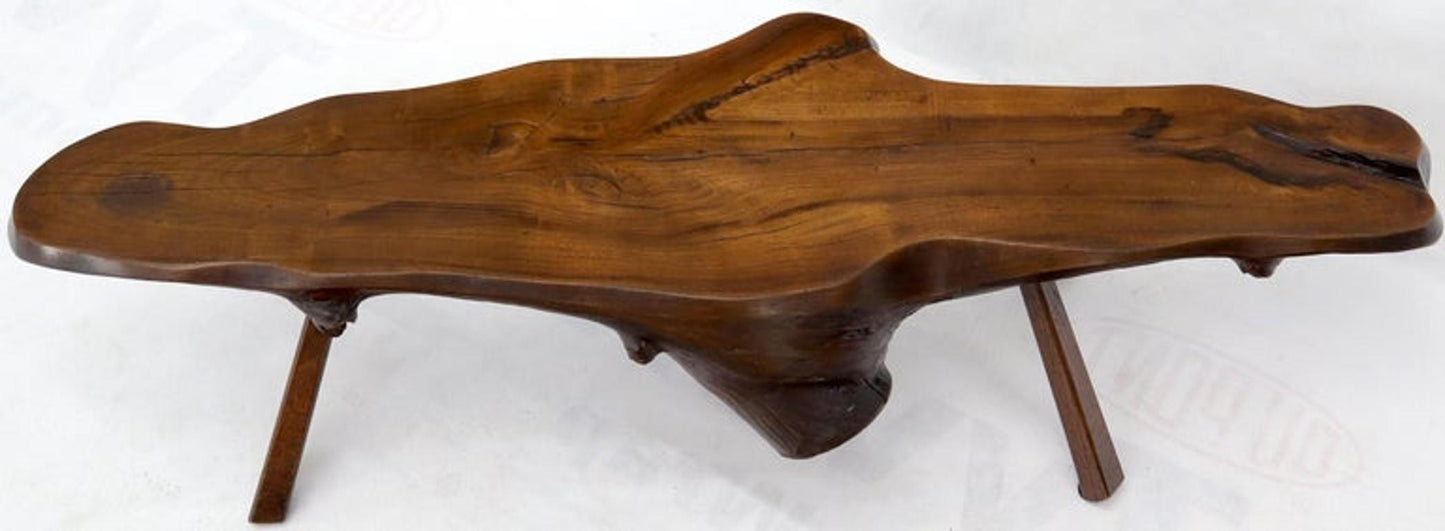 Organic Heavy Solid Walnut Varnished Slab Top Coffee Table on Tapered Legs
