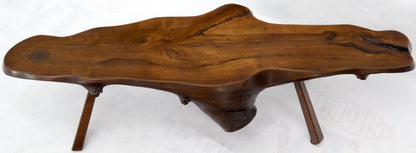 Organic Heavy Solid Walnut Varnished Slab Top Coffee Table on Tapered Legs