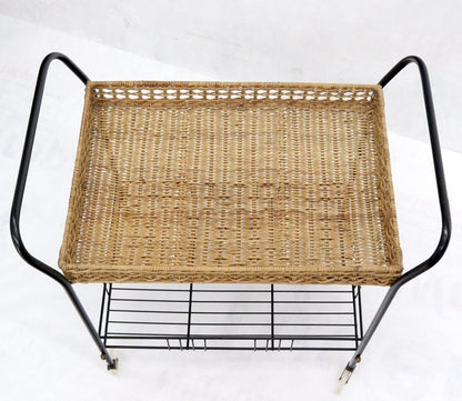 Wicker & Bent Steel Mid-Century Modern Serving Cart Side Table on Wheels