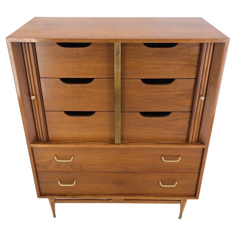 Walnut Tambour Doors Brass Hardware Serpentine Front 8 Drawers Dresser MINT!