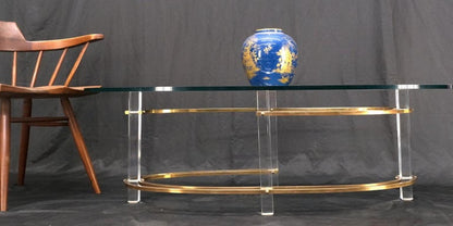 Mid-Century Oval Thick Glass Top Lucite Brass Base Coffee Table