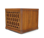 Walnut Carved Honeycomb Pattern One Door Cube Square Shape Side End Table Stand