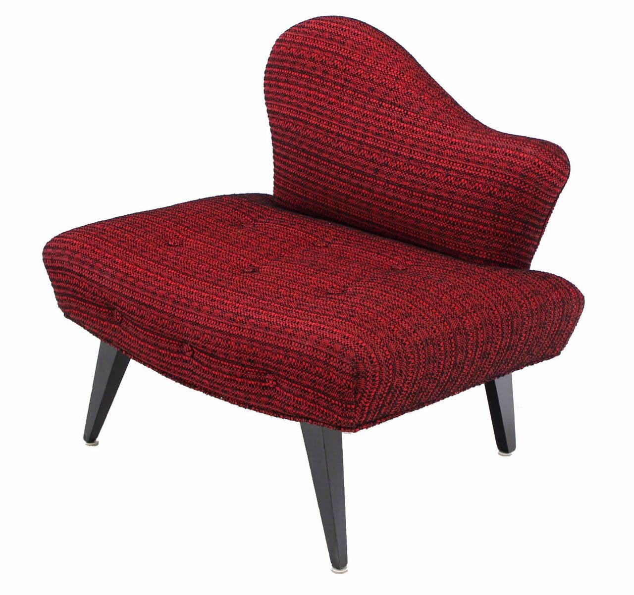 EstablishedLines Pair Red Upholstery Mid Century Modern Fireside Slipper Lounge Chairs Camel Back