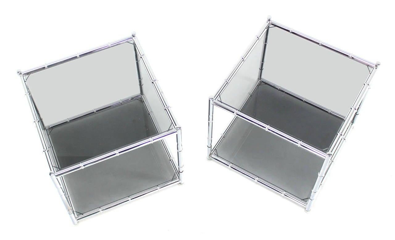 Pair of Cube Shape Chrome Faux Bamboo Frame End Tables Smoked Glass Top MINT!