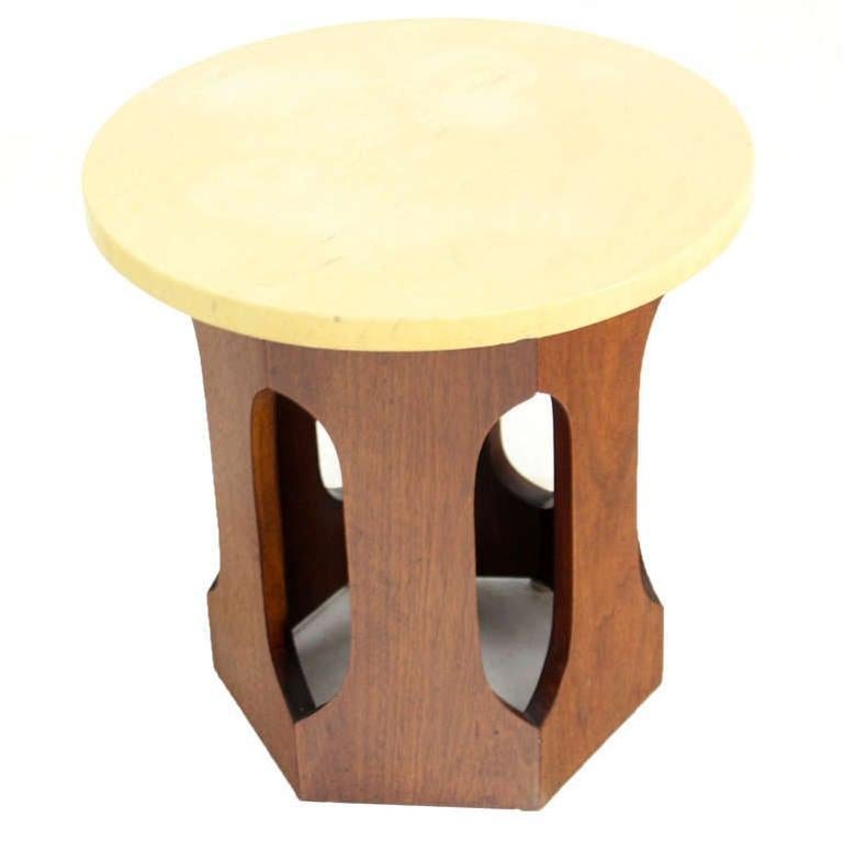 EstablishedLines Mid-Century Modern Hexagon Oiled Walnut Base Round Top Side End Table Stand