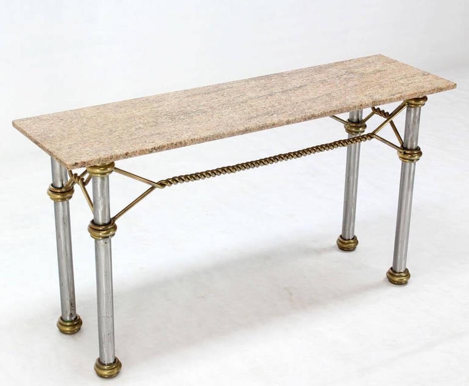 EstablishedLines Mid Century Modern Solid Brass "Rope" Chrome Base Marble Top Console Sofa Table