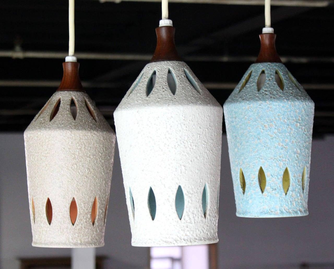 Triple Colored Glazed Pierced Pottery Ceramic Shades Pendant Light Fixture MINT!