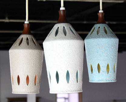 Triple Colored Glazed Pierced Pottery Ceramic Shades Pendant Light Fixture MINT!