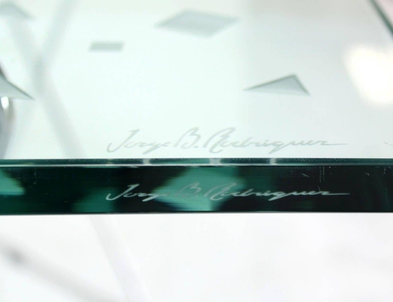 EstablishedLines George Rodrigue Art Glass Top  Dining Table with Chrome Wire Base Artist Signed