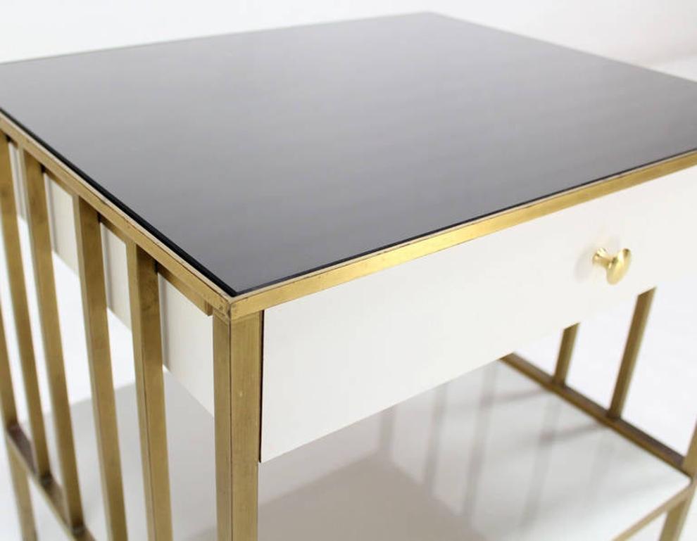 EstablishedLines Solid Brass Mid Century Modern End Side Table One Drawer Stand Smoked Glass Top