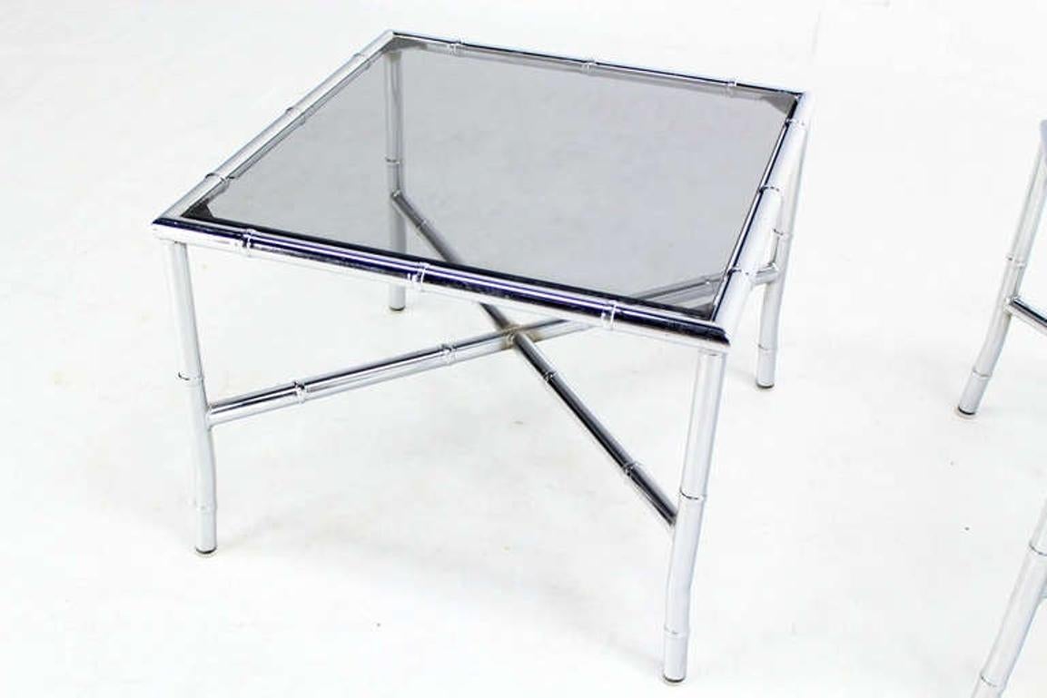 EstablishedLines Pair of Chrome Faux Bamboo X Base End Tables with Smoked Glass Tops Mid Century