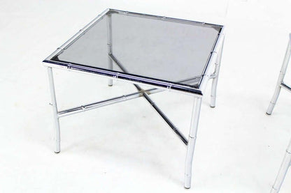 EstablishedLines Pair of Chrome Faux Bamboo X Base End Tables with Smoked Glass Tops Mid Century