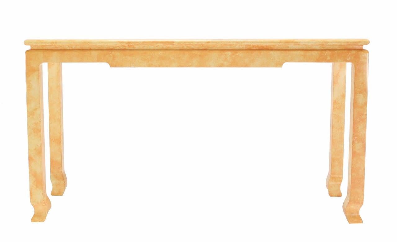 EstablishedLines Mid Century Modern Beige Faux Parchment Gloss Finish Lacquer Console Sofa Table