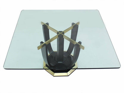 Large Square Glass Top Black Lacquer Brass Base Dining Conference Table MINT
