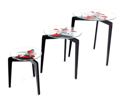 EstablishedLines Art Glass Scallop Edge Bowl Tray Top Tapered Leg Stackable Nesting Side Table