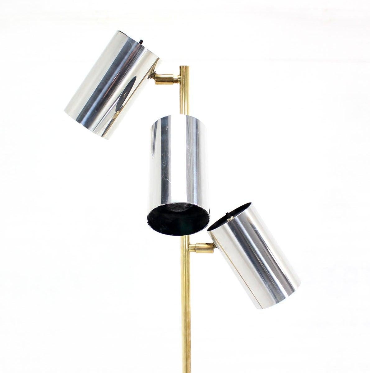 Midcentury Brass Base Tripple Floor Lamp Three Fully Adjustable Chrome Shades