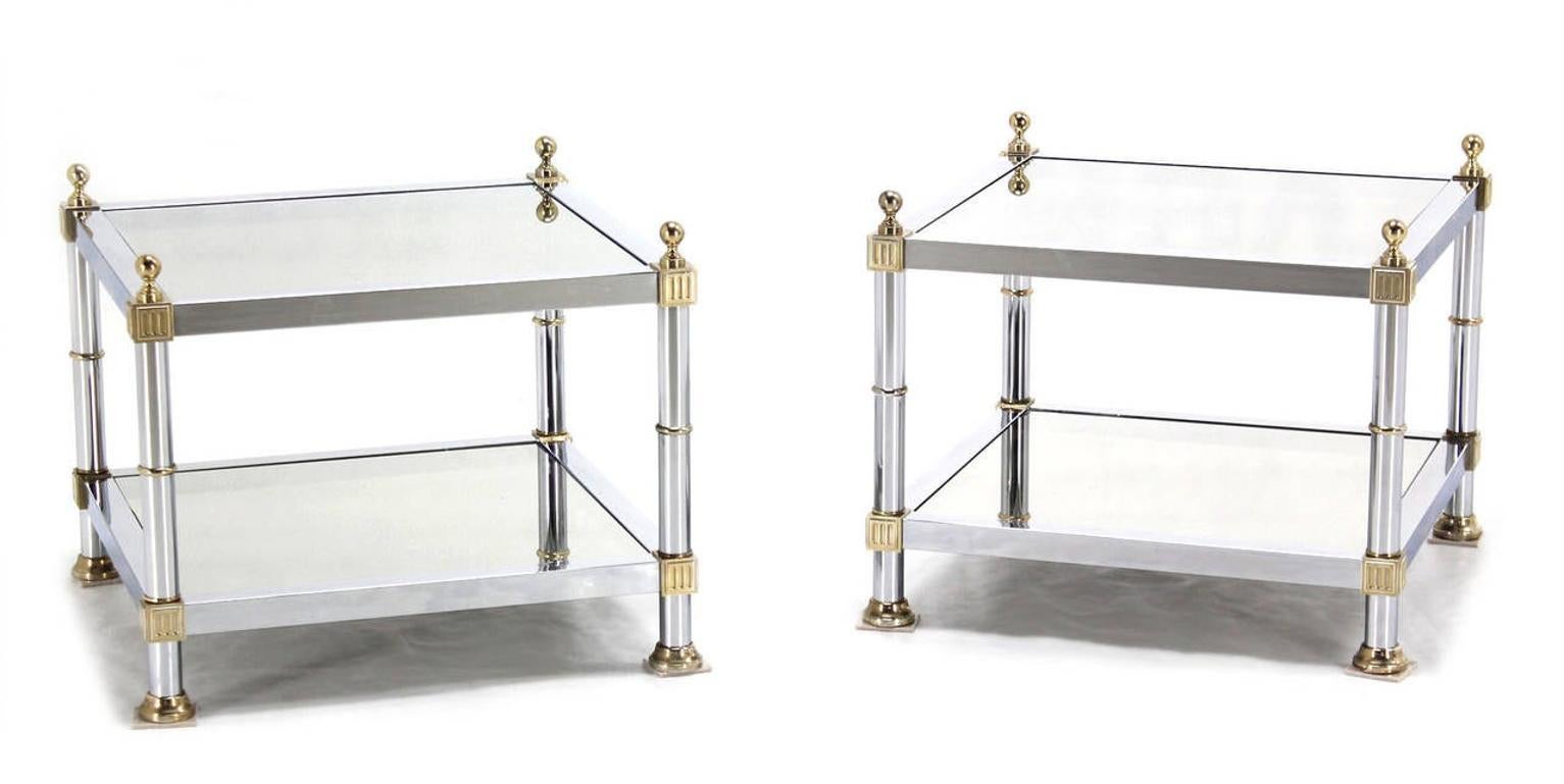 EstablishedLines Pair of Chrome Brass and Smoked Glass Square End or Side Lamp Tables Stands Mint