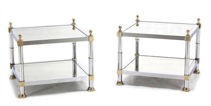 EstablishedLines Pair of Chrome Brass and Smoked Glass Square End or Side Lamp Tables Stands Mint