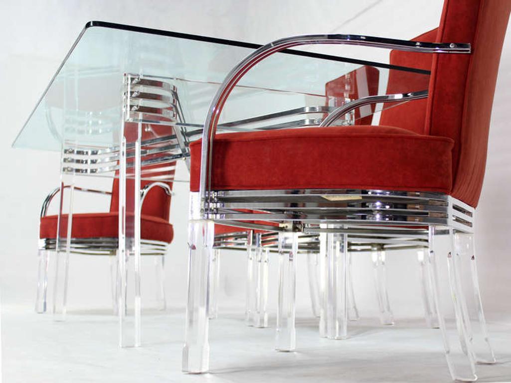 EstablishedLines Mid Century Modern Set of Six Dining Chairs and Table in Lucite Chrome Glass