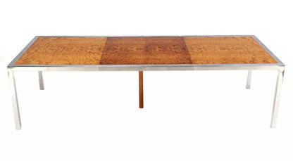 EstablishedLines Stainless Steel Chrome Base Amber Burl Wood Dining Conference Table Two Leaves
